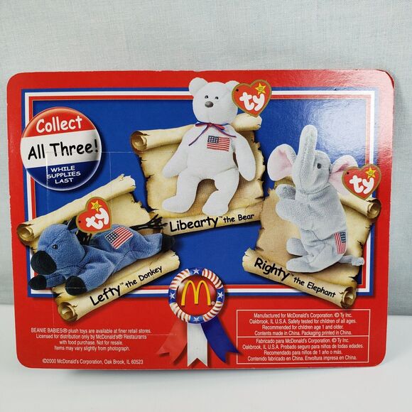 TY Beanie Babies Lefty The Donkey American Trio Sealed New on Card - Picture 9 of 9